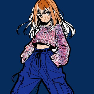 anime teen girl with baggy pants and crop top with sweater