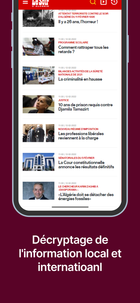 Le Soir d'Algérie - Officiel - News feed interface of the Le Soir d'Algérie official app showing various headlines in French