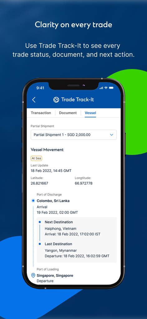 Straight2Bank - Straight2Bank app Trade Track-It feature showing real-time vessel movement and global shipment status