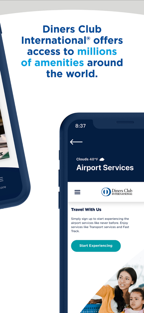 Diners Club International app screen showing airport services and global travel amenities