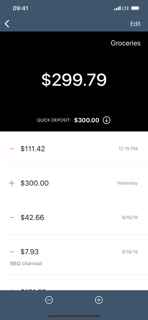 Envelopes: Budget Manager - Transaction list for the groceries envelope in the Envelopes app showing a balance and recent spending history