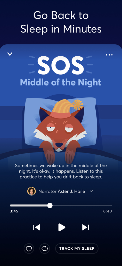 The BetterSleep app showing an SOS Middle of the Night meditation with a tired fox illustration.