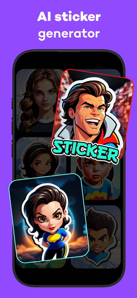 AI Future Baby Generator-BabyS - A screen showing the AI sticker generator feature with various cartoon style character portraits.