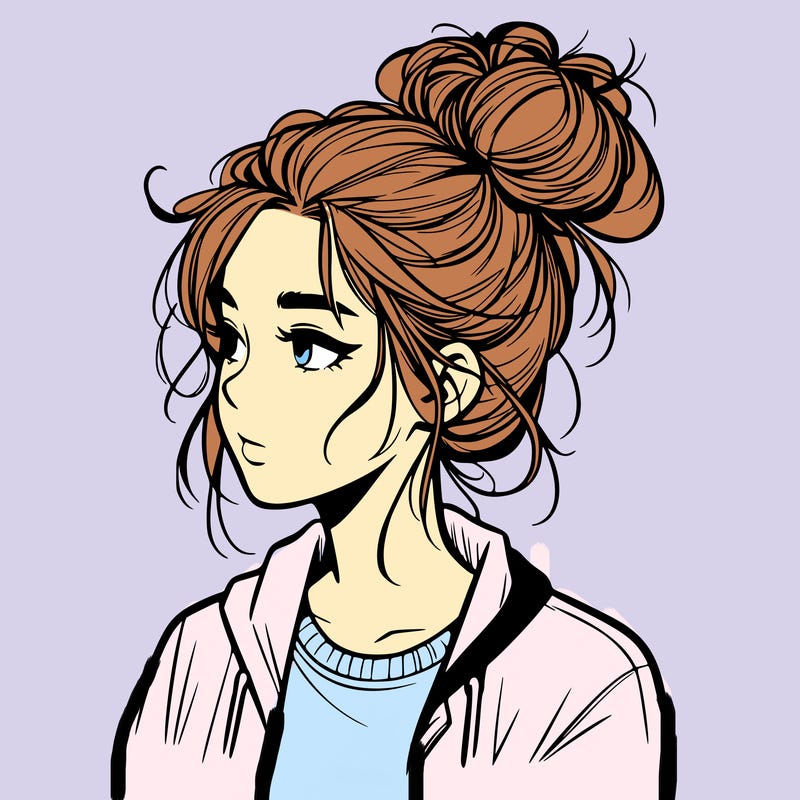 realistic teenage girl with a messy bun