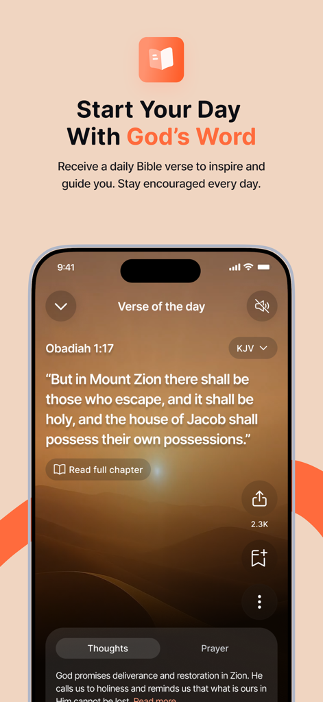 DevotionHub: Daily Devotionals - Interface of DevotionHub app showing the verse of the day from the book of Obadiah.