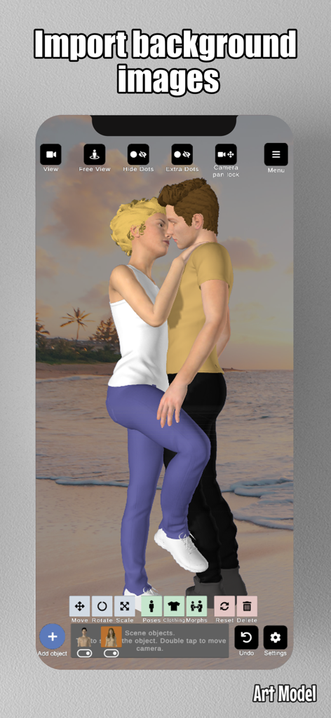 Art Model - Pose & morph tool - Two 3D models posed in front of an imported beach background within the Art Model app