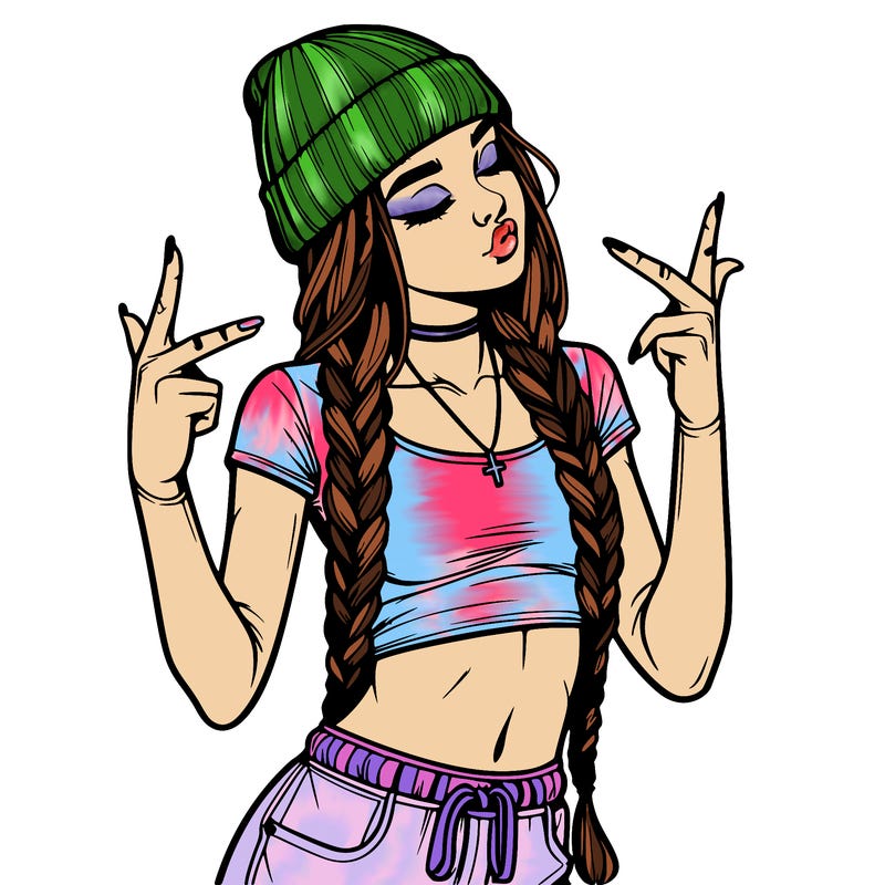 realistic teenage girl with braids and a beanie and crop top doing 🫶🏼