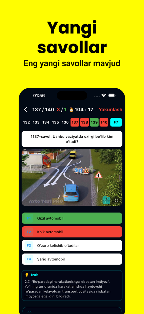 Avto Test PRO - Avto Test PRO mobile app interface showing a driving theory exam question with a road situation diagram and multiple-choice answers in Uzbek.