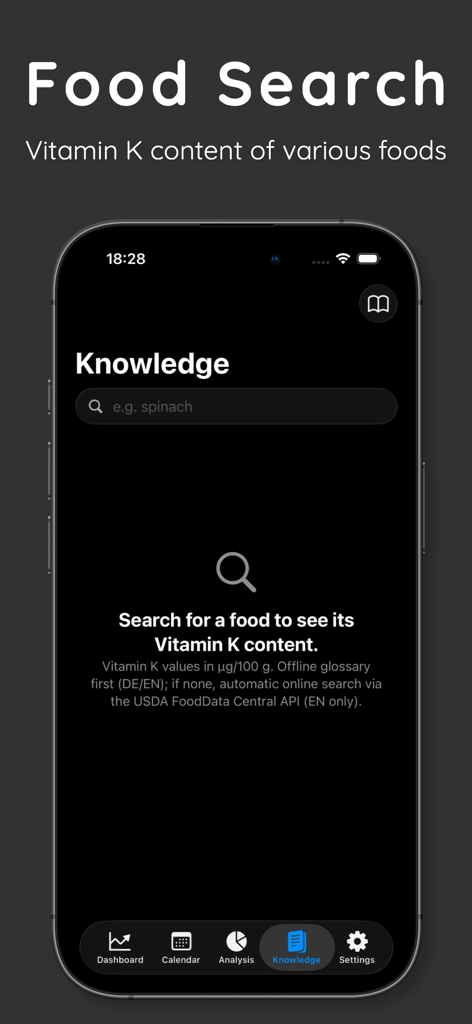INR Tracker – Dose & Log - Vitamin K food search feature in the INR Tracker mobile app.