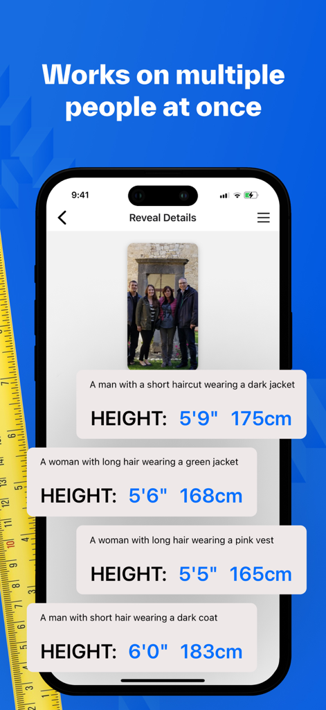 HeightSight AI app detecting and estimating heights for multiple people in a group photo