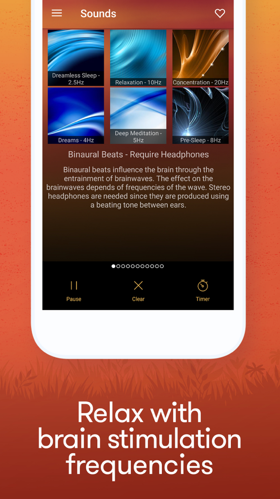 Interfaccia dell'app Meditation and Relax Music Pro che mostra diverse frequenze di battiti binaurali per il sonno e il rilassamento