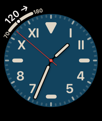 Esfera de Apple Watch que muestra una complicación de glucosa de GlucoseWatch con una lectura de azúcar en sangre de 120 y una flecha de tendencia estable.