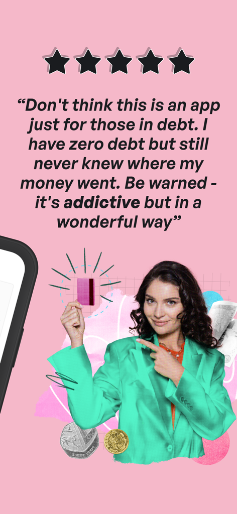 Testimonio de usuario de cinco estrellas para la aplicación planificadora de presupuestos Financielle con una mujer en un blazer verde.