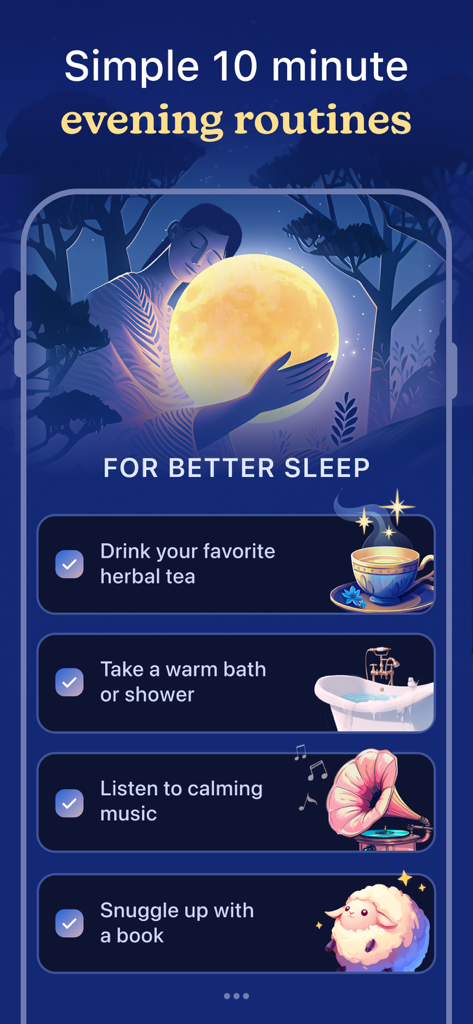 Lune: Bedtime Sleep Routine - 就寝前ルーティンチェックリスト（10分）を表示するモバイルアプリ画面。お茶を飲む、温かいお風呂に入るなどのタスクが含まれています。
