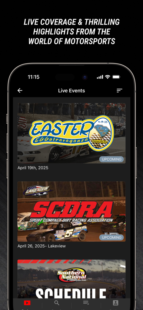 Ultra Broadcasting - Ultra Broadcastingアプリの画面。今後のライブレースイベントとモータースポーツハイライトのリストを表示している。