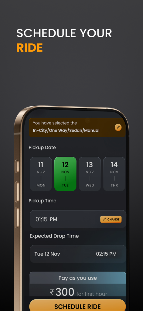 CarChalak - Interfaz de la aplicación CarChalak mostrando opciones para programar un viaje con fecha y hora de recogida.