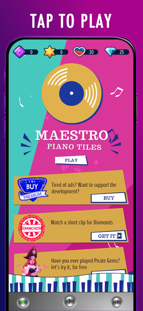 Maestro Piano Tiles - The main menu interface of the Maestro Piano Tiles rhythm game showing a play button rewards and premium options