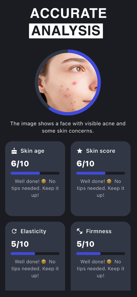 Skin Care Scanner : Ai Routine - AI-powered skin analysis dashboard showing metrics for skin age score elasticity and firmness