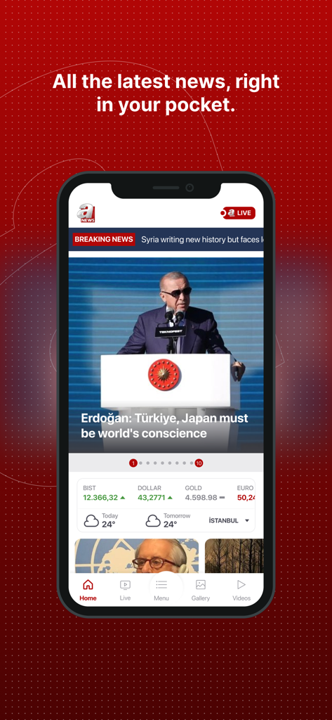 トルコの速報、金融市場、現地の天気に関する速報を表示するスマートフォン上のA Newsアプリインターフェース。