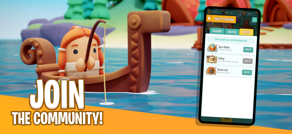 A Viking character fishing from a boat next to a smartphone displaying the BattleTabs invite friends menu