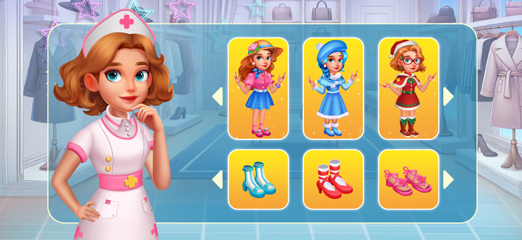 Pantalla de personalización de personajes con varios atuendos y zapatos para la enfermera en Doctor Clinic Hospital Mania.