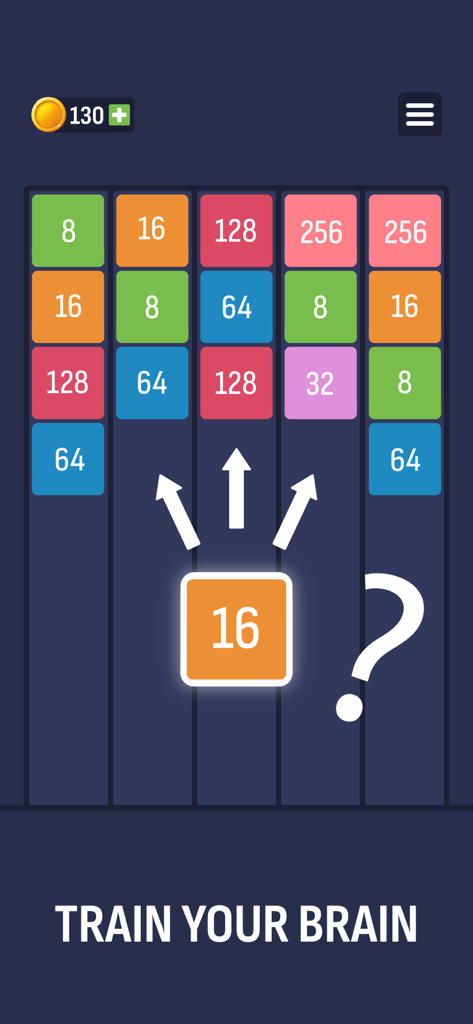 Pantalla del juego de fusión de números X2 Puzzle con bloques coloridos y texto de entrenamiento cerebral