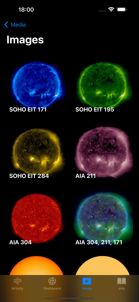 Solar Activity Pro - Galeria de mídia do aplicativo Solar Activity Pro mostrando vários filtros de imagem do sol