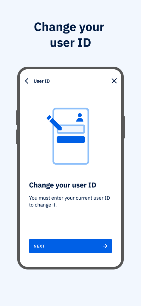 MitID - Ein Bildschirm in der MitID-App, der Anweisungen und eine Weiter-Schaltfläche zum Ändern der Benutzer-ID anzeigt.