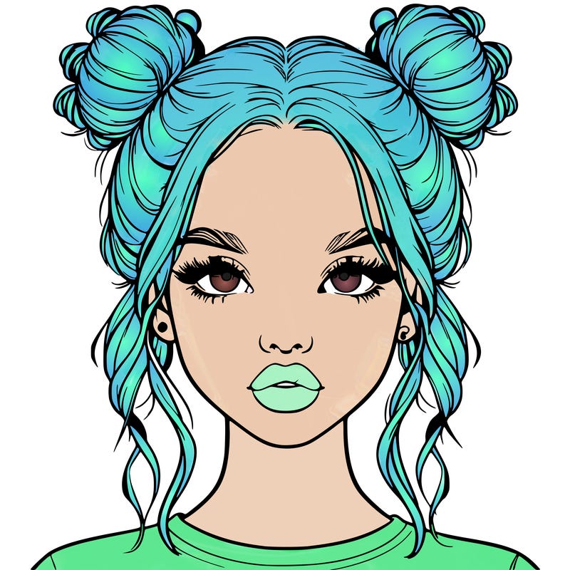 realistic girl with two buns in hair and lips