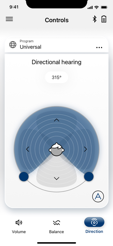 myRemote App - Interfaz de la App myRemote que muestra los controles de audición direccional con un diagrama de ajuste de enfoque circular.
