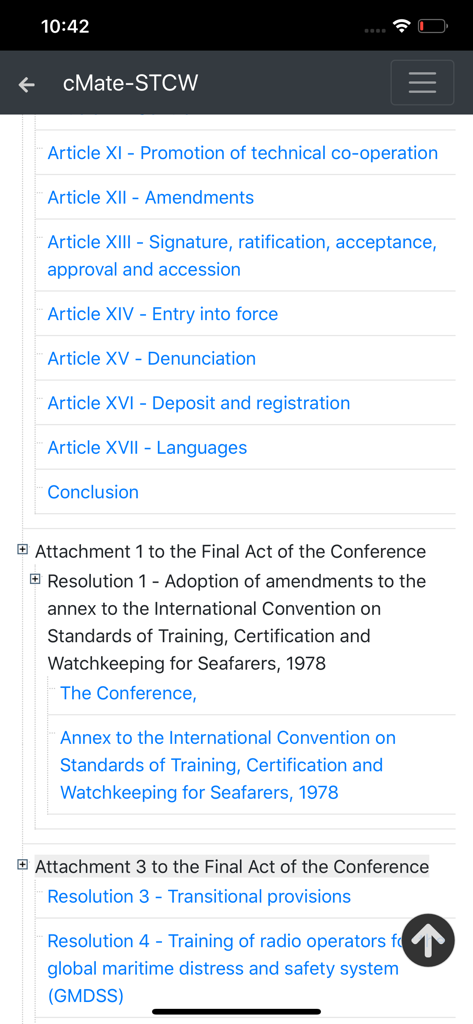cMate-STCW - List of articles and resolutions from the STCW maritime convention within the cMate-STCW app