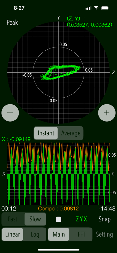 Interfaz del tablero de la aplicación móvil Vibroscope que muestra datos de vibración en tiempo real con gráficos vectoriales y de forma de onda