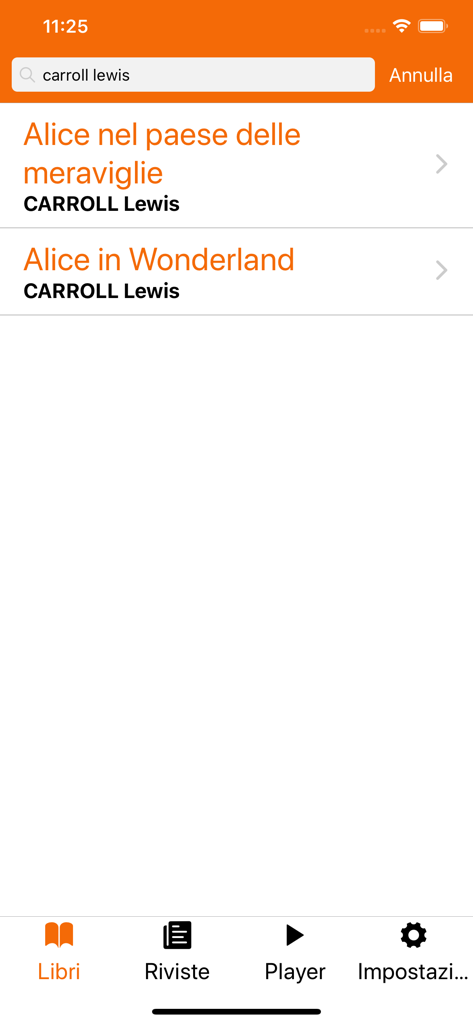 Libro Parlato CILP App - Search results in the Libro Parlato CILP App showing Alice in Wonderland by Lewis Carroll