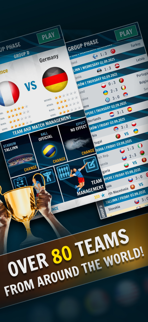 Volleyball Championship - 팀 관리 및 글로벌 토너먼트를 보여주는 배구 챔피언십 게임 인터페이스