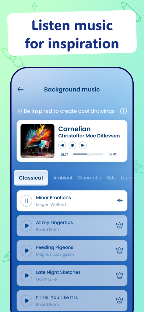 AR Drawing & Tracing - DrawToo - Interface showing background music playlists and player in the DrawToo AR drawing app.