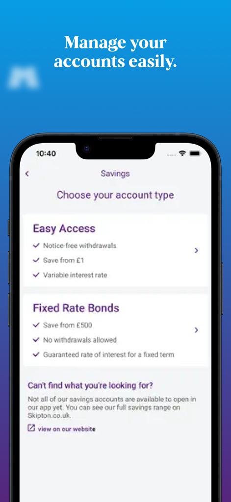 Skipton Building Society app screen displaying savings account types including Easy Access and Fixed Rate Bonds