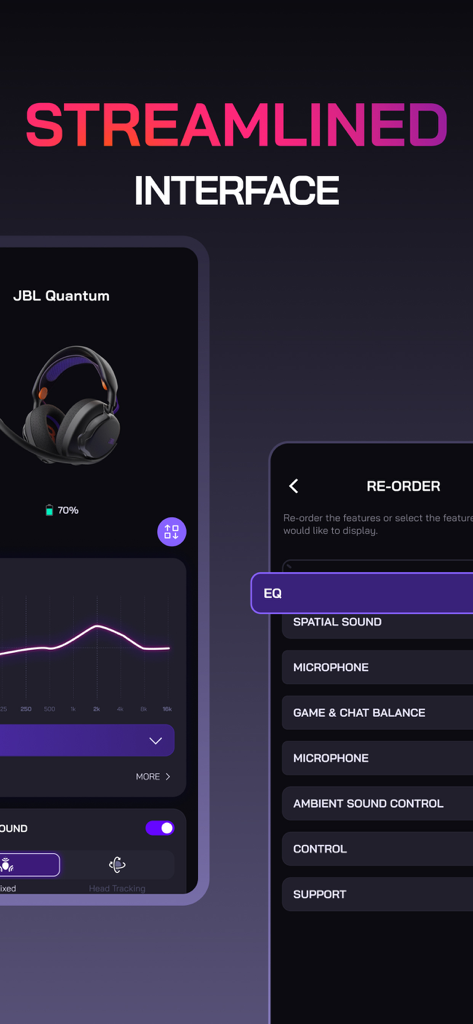 JBL Quantum - Streamlined interface of the JBL Quantum app showing equalizer and feature reordering menu
