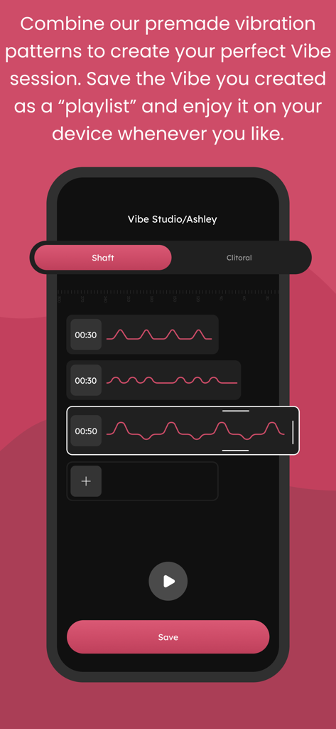 Vibes Only - A mobile app interface titled Vibe Studio where users can create custom vibration patterns by combining different wave sequences.