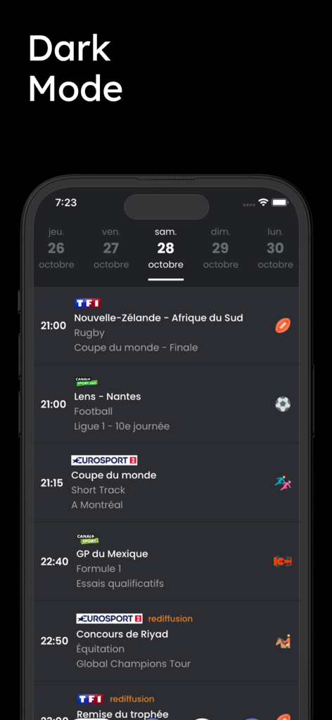 TV Sports - programme sportif - Écran de smartphone montrant le calendrier de l'application TV Sports en mode sombre avec des matchs de rugby et de football répertoriés