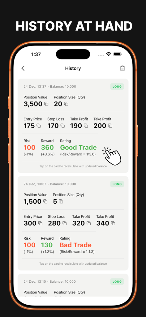 Mobile app screen showing trading history logs with risk reward analysis and trade ratings
