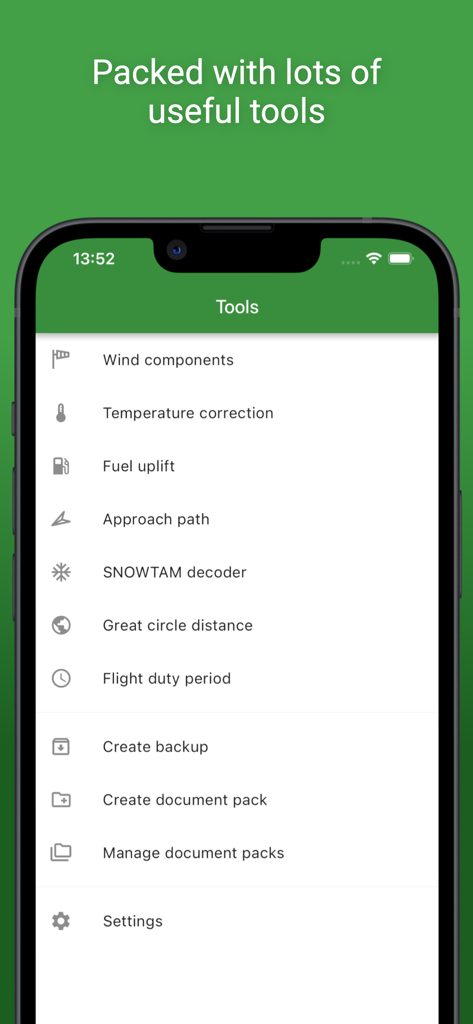 Airports - Eine Liste technischer Luftfahrtwerkzeuge und Rechner für Piloten innerhalb der mobilen Airports App