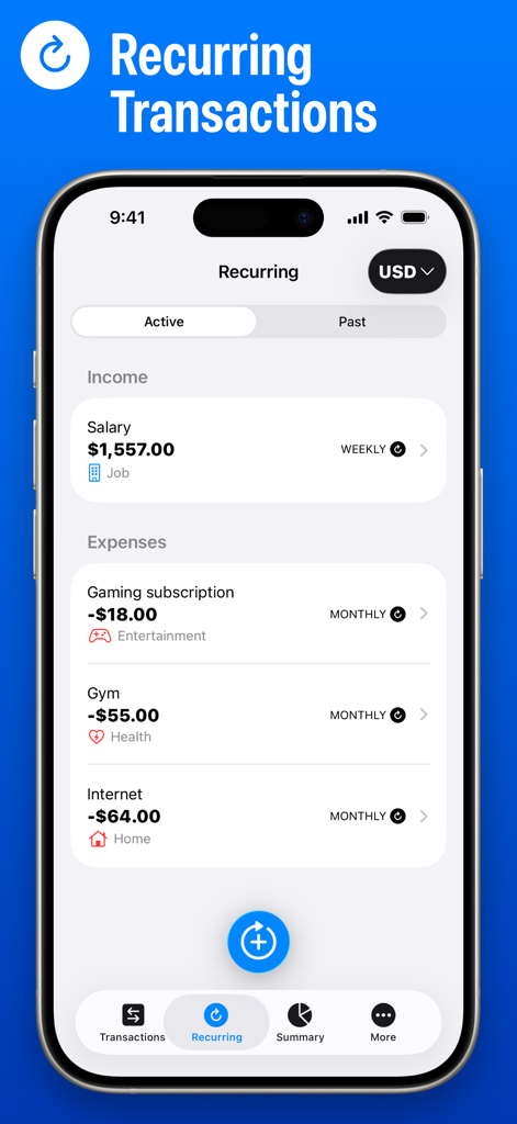Numi app screen displaying a list of scheduled recurring income and expenses like salary and gym subscriptions.