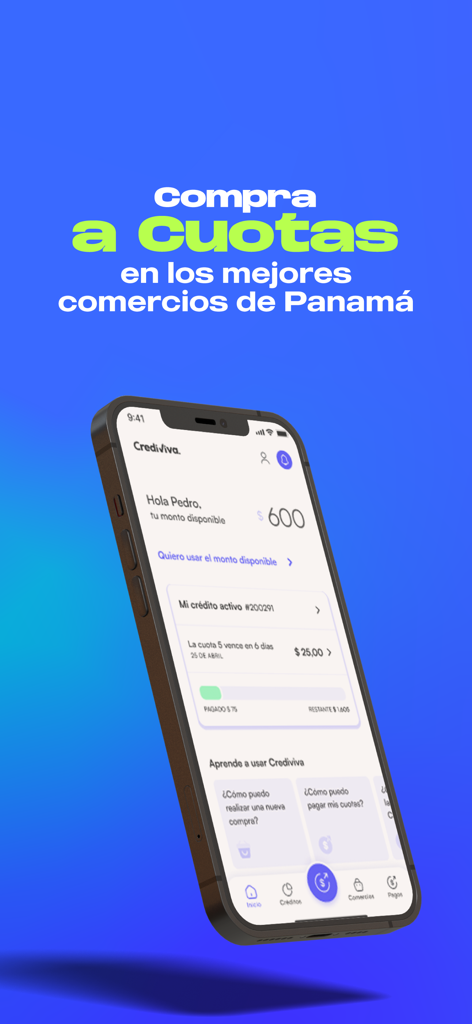 Crediviva - Panel de la aplicación móvil Crediviva que muestra el crédito disponible y el estado de las cuotas mensuales