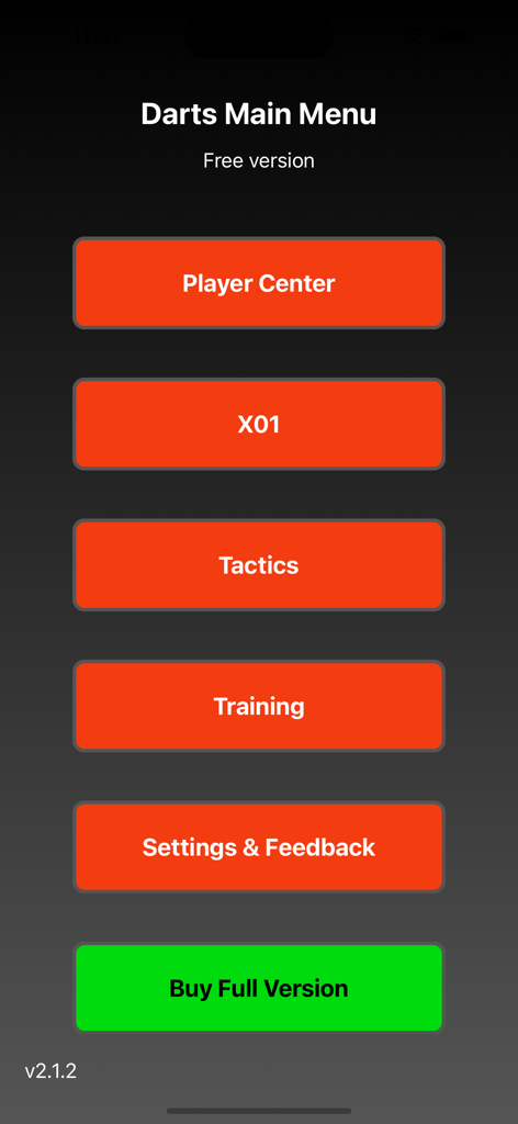 DartCohol Dart Scoreboard Lite - Main menu of the DartCohol Lite app showing game options for X01 Tactics and Training