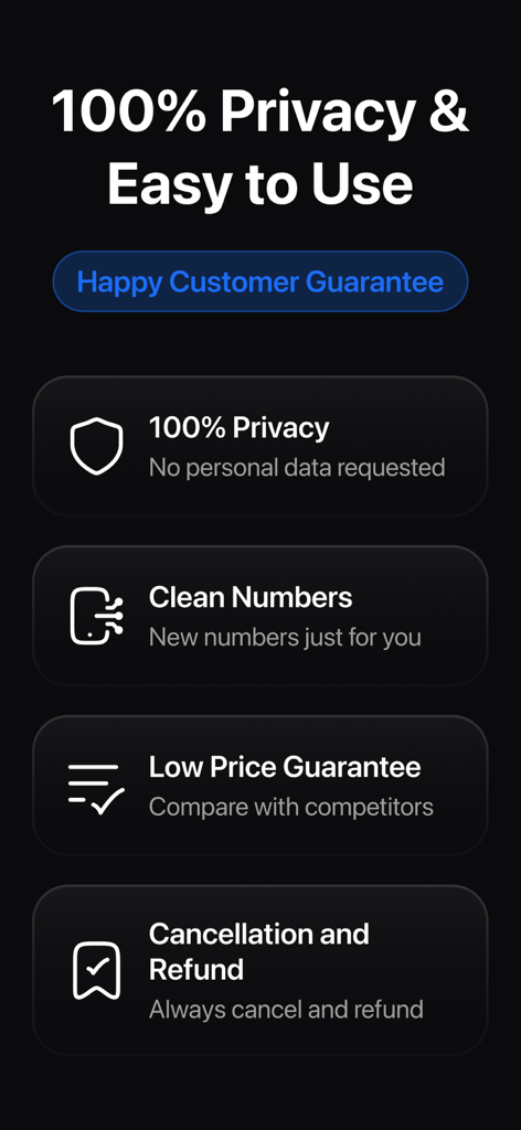 SMSVerify - Virtual SMS Number - SMSVerify app screen showing 100 percent privacy clean virtual numbers and customer guarantees