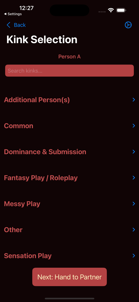 KinkMatch - Mobile app screen showing various kink selection categories for couples including dominance and submission and fantasy play