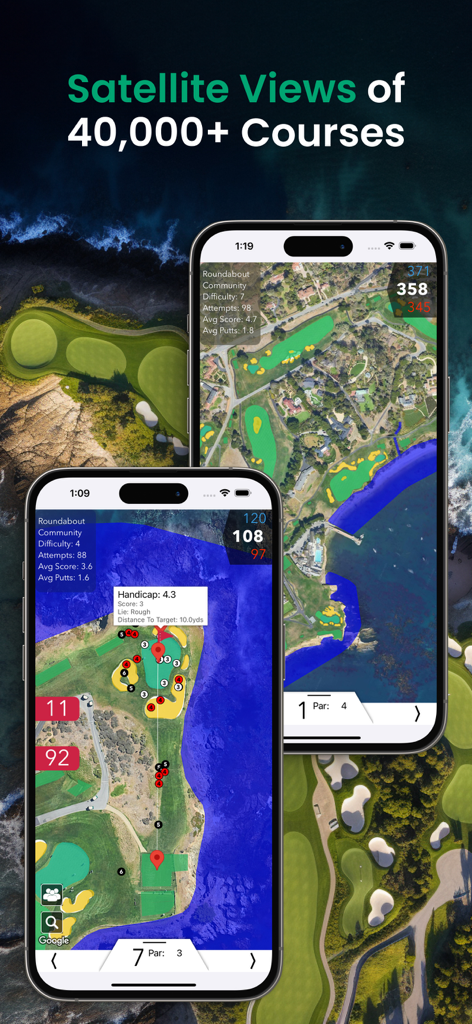Roundabout - Golf GPS Tracker - Satellite course view on iPhone showing golf GPS tracking and distance data for over 40,000 courses.