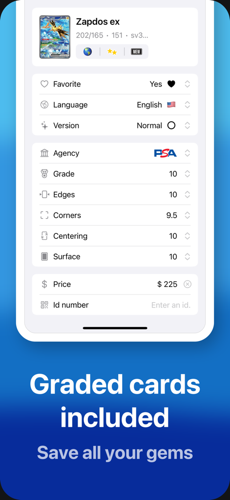 ProDex TCG - Card Tracker - Interface of the ProDex TCG app showing detailed PSA grading information and market price for a Zapdos ex card