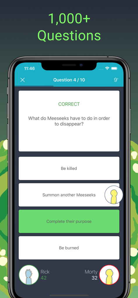 A trivia question screen from the Rick and Morty fan quiz app showing a question about Meeseeks and player scores