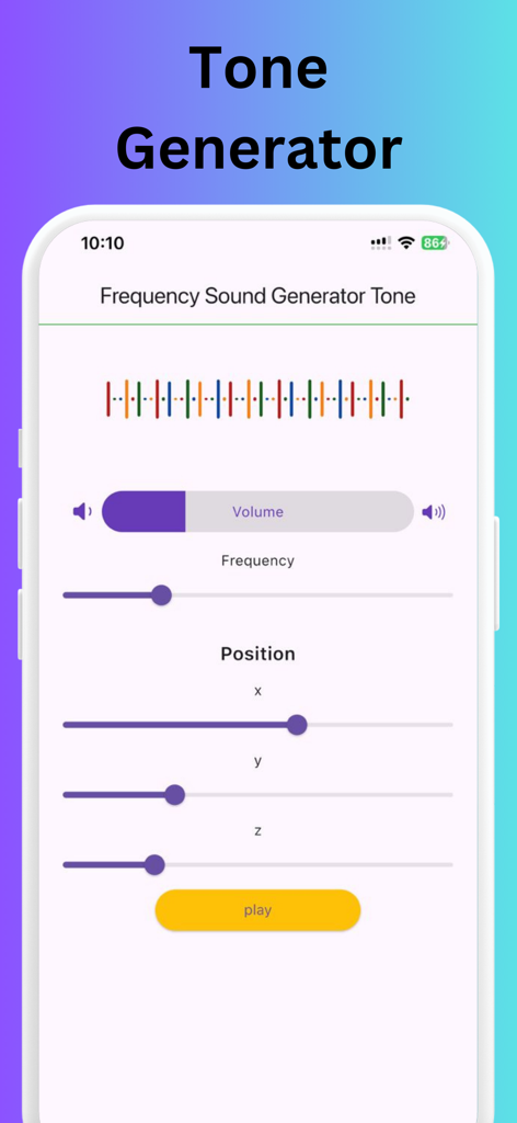 Schermata dello smartphone che mostra l'interfaccia dell'app Generatore di Frequenza Sonora Tono con slider di volume e frequenza
